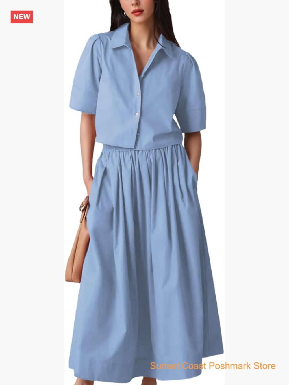 2 Piece Skirt Set - Short Sleeve Button Top Elastic Waist Maxi Dress with